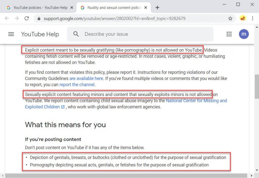 YouTube policies about nudity and sexual content