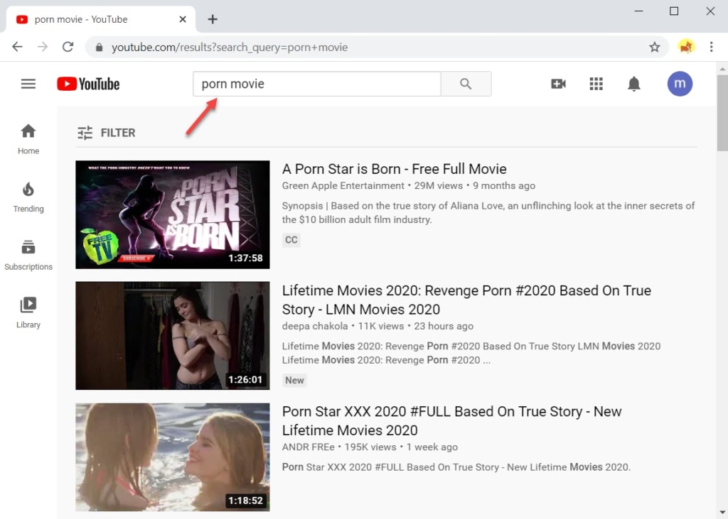 Search for full porn movies on YouTube