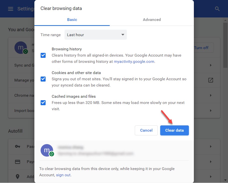 Clear cookies and other site data
